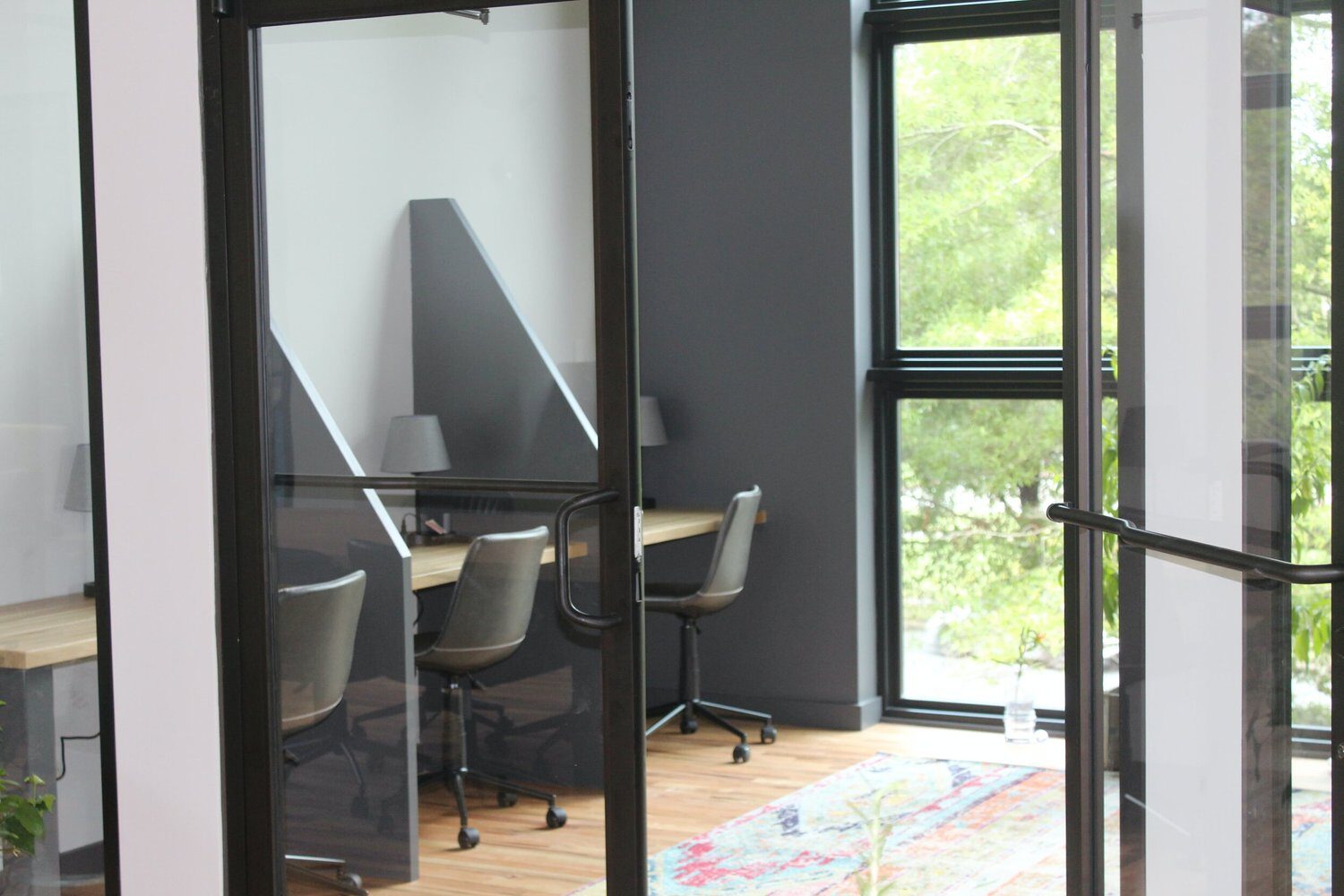 Desks behind a glass wall, looking out to the trees