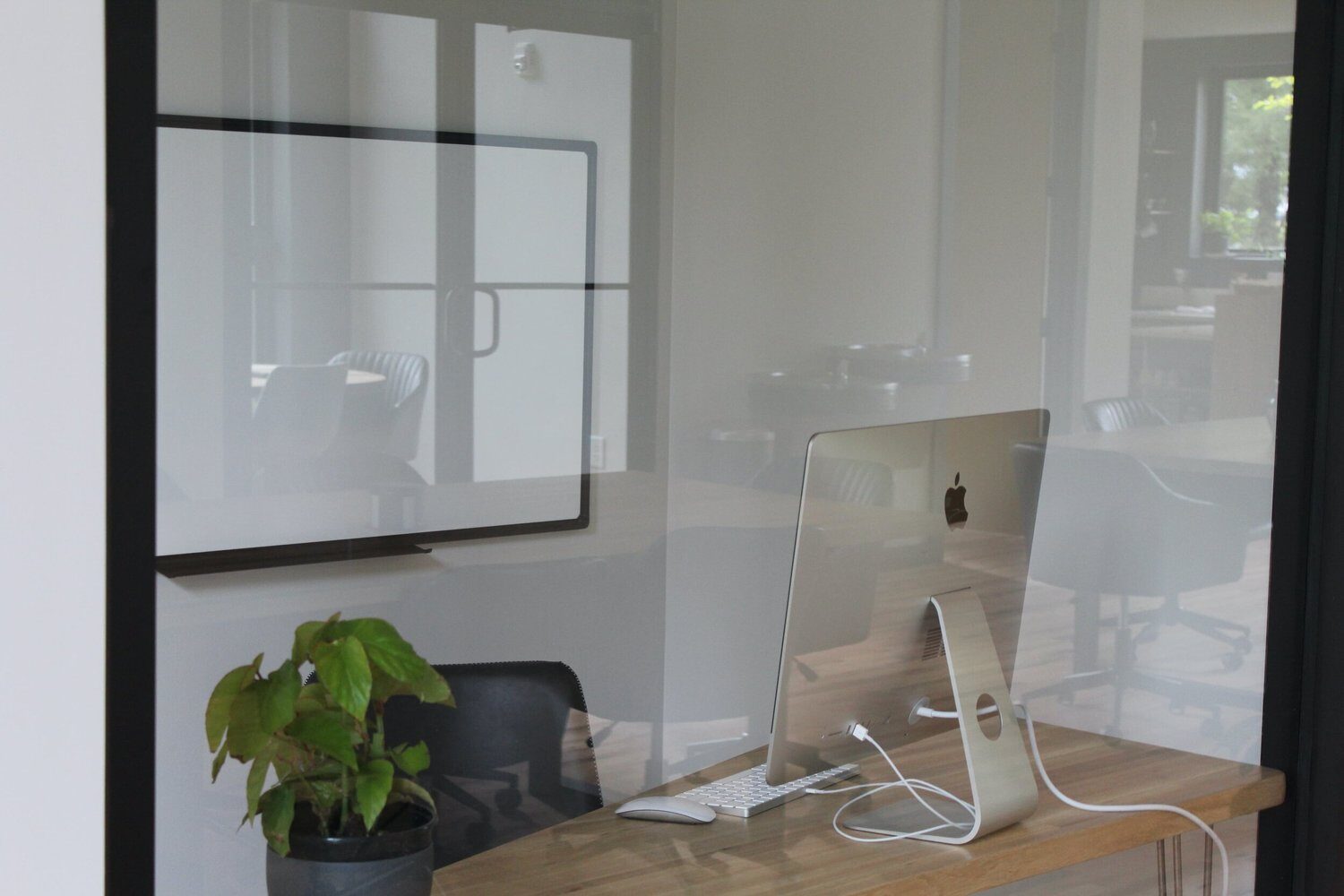 A single desk with a computer and a plant, behind a glass door
