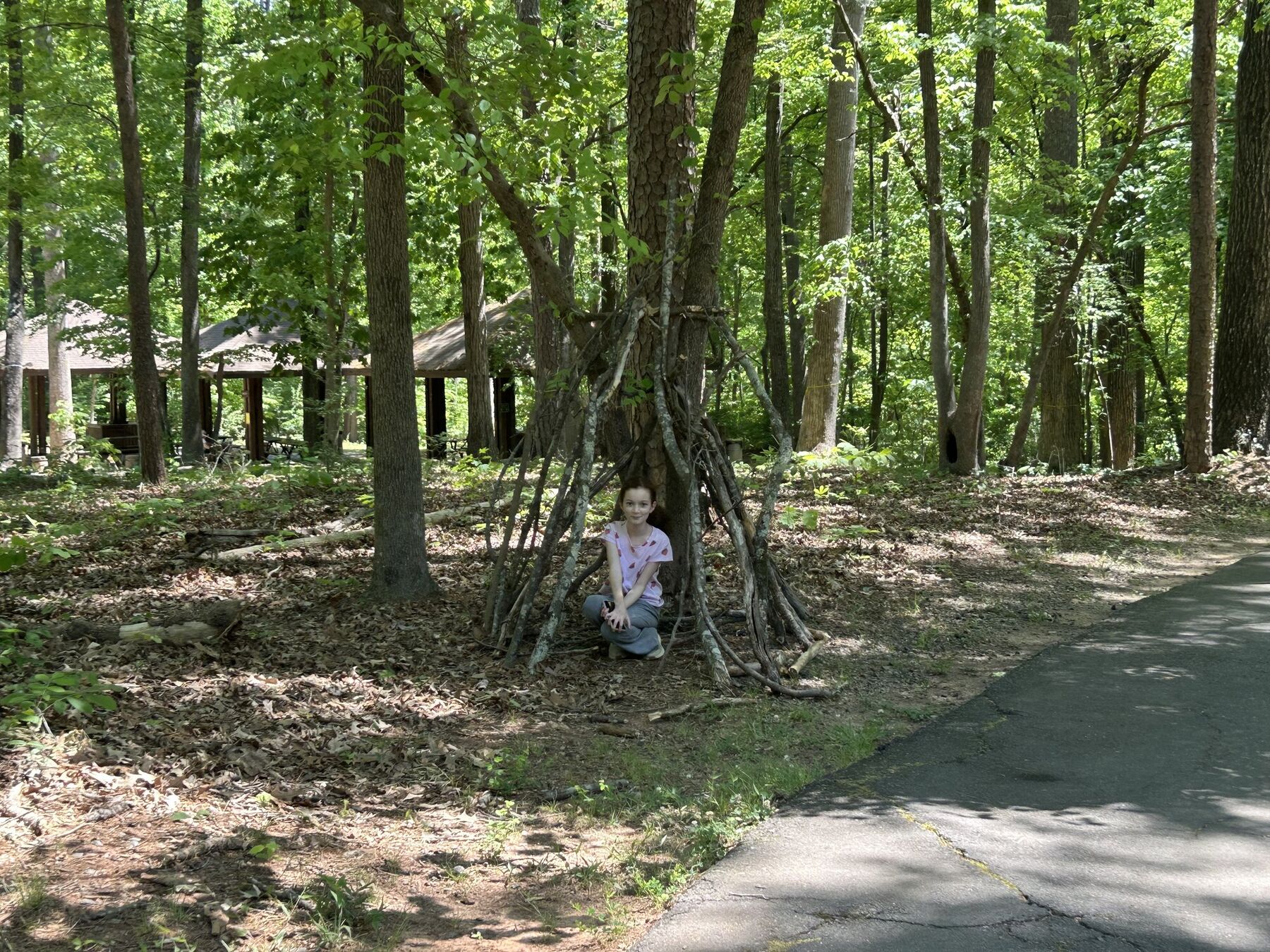 A stick teepee in the woods