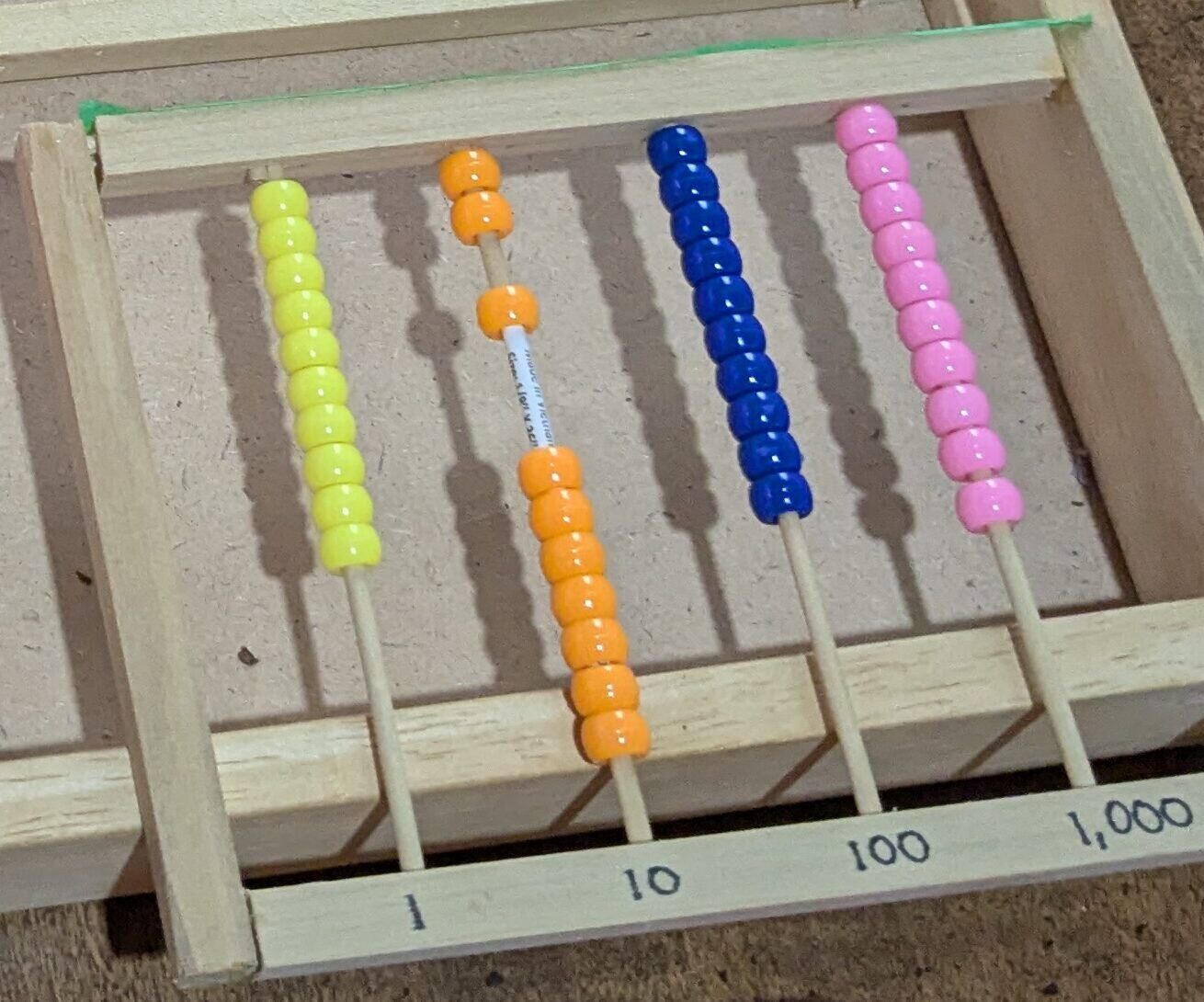 A homemade abacus: four rods of colored beads marked 1, 10, 100 and 1,000