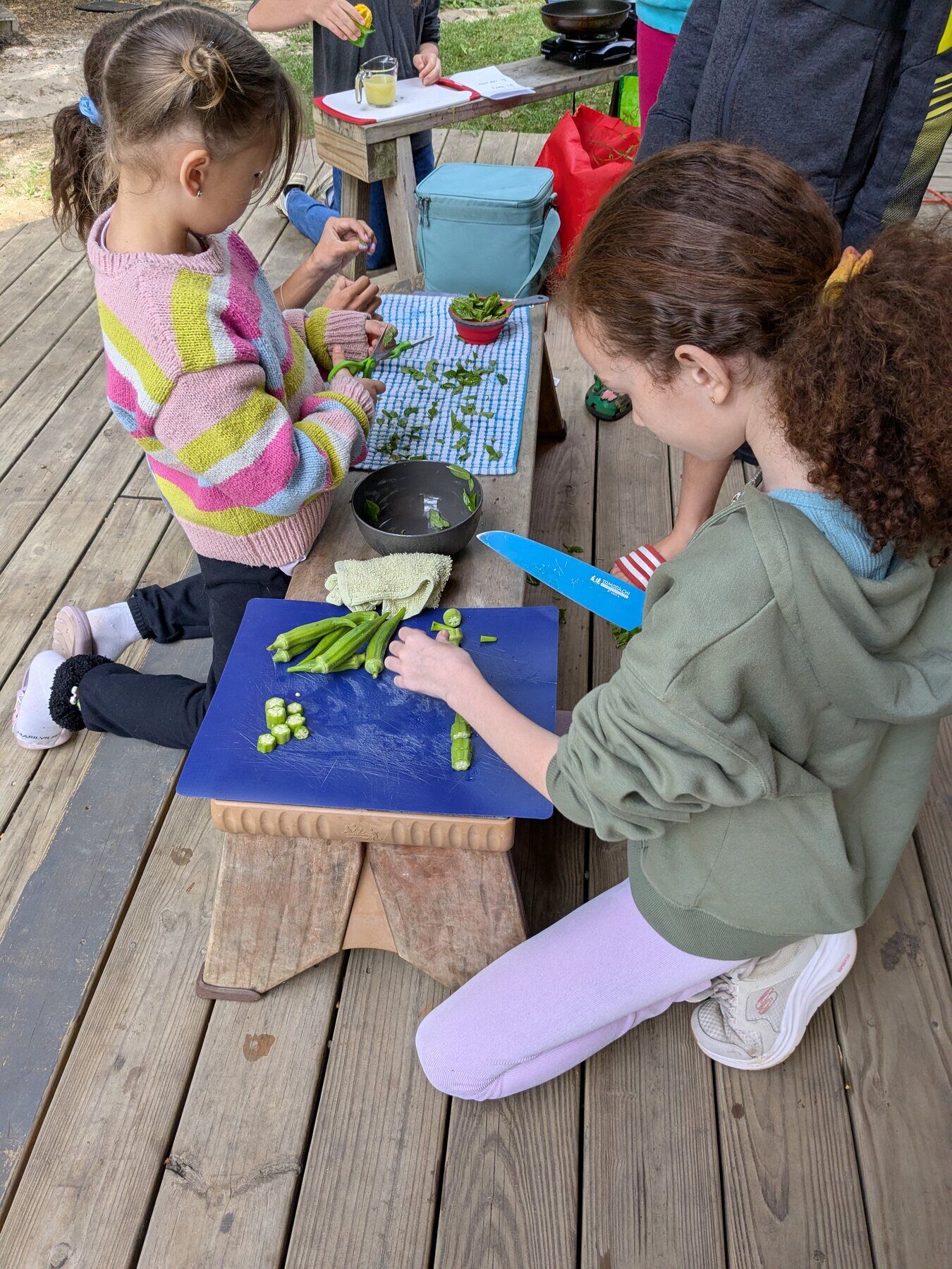 Kids chopping vegetables on the deck