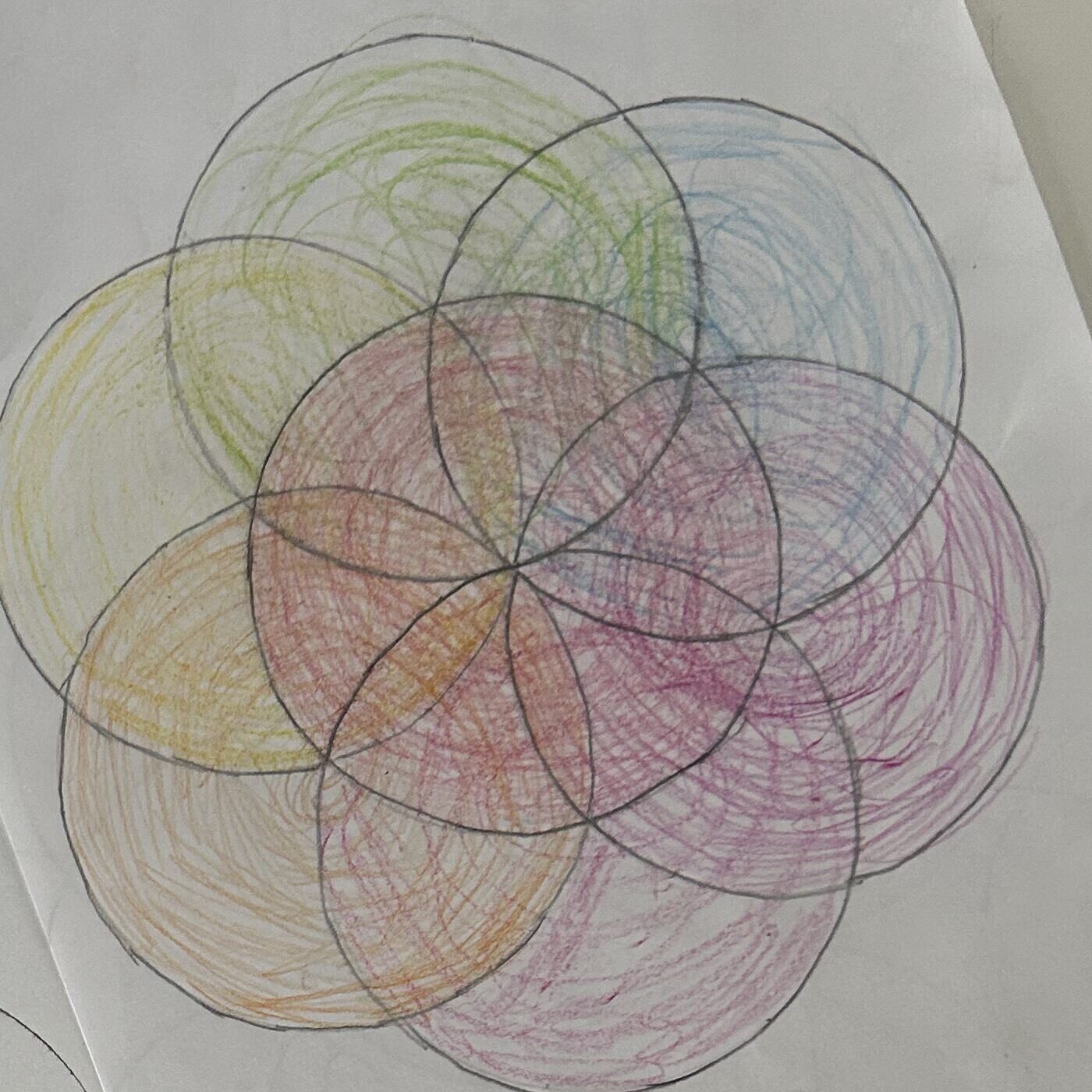 A Seed of Life drawn with a compass on paper, its circles shaded in colored pencil
